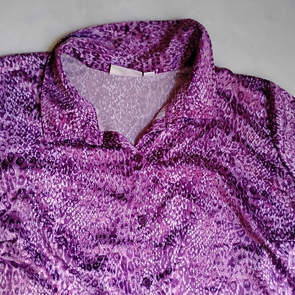 Belle Kim Gravel Top 3x Button Down Animal Print Satin Capsule Office Purple - Picture 2 of 13